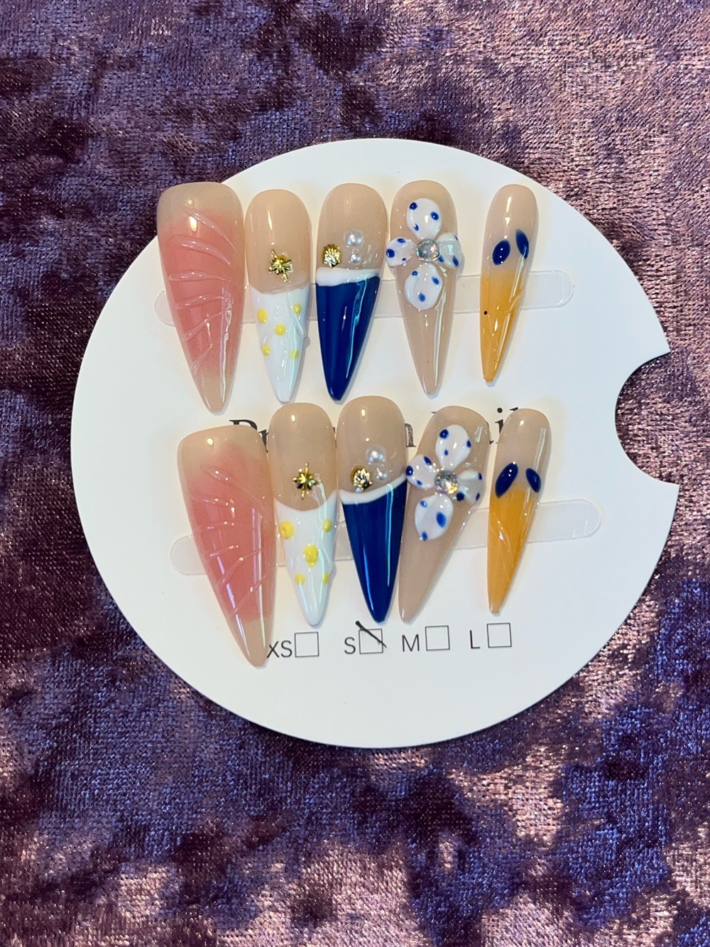 Handmade Press-On Nail Set in Nude, Pink, Blue & Mustard